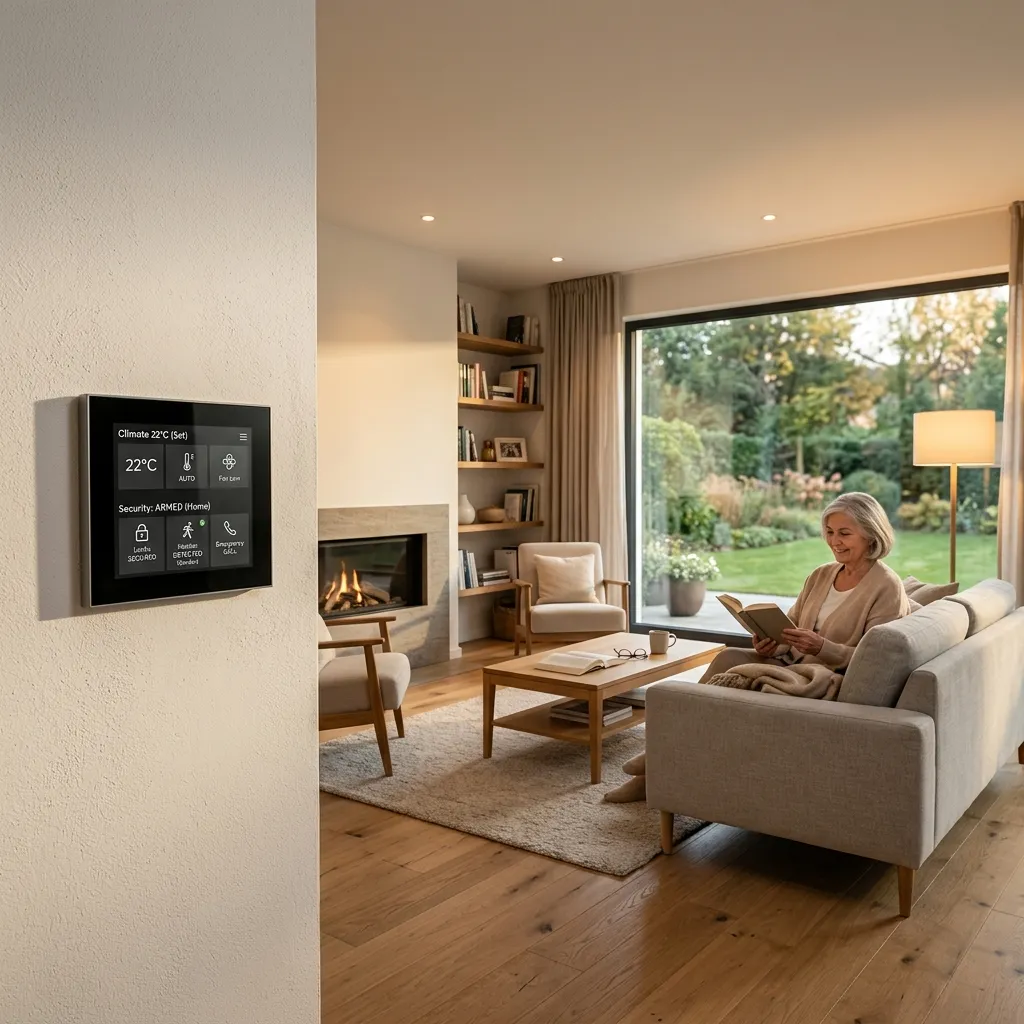 Pantalla de control para el envejecimiento seguro en casa en salón domótico