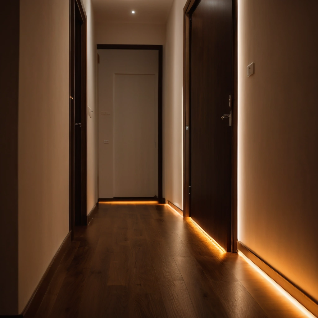 Pasillo de una casa de noche con una luz cálida a ras de suelo, junto al rodapié, que guía hasta una puerta al fondo.