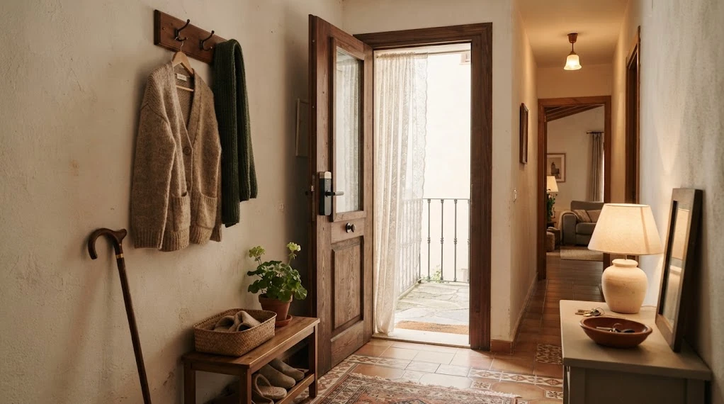 Recibidor de una casa con puerta de madera y cerradura electrónica, un perchero con una chaqueta y un bastón