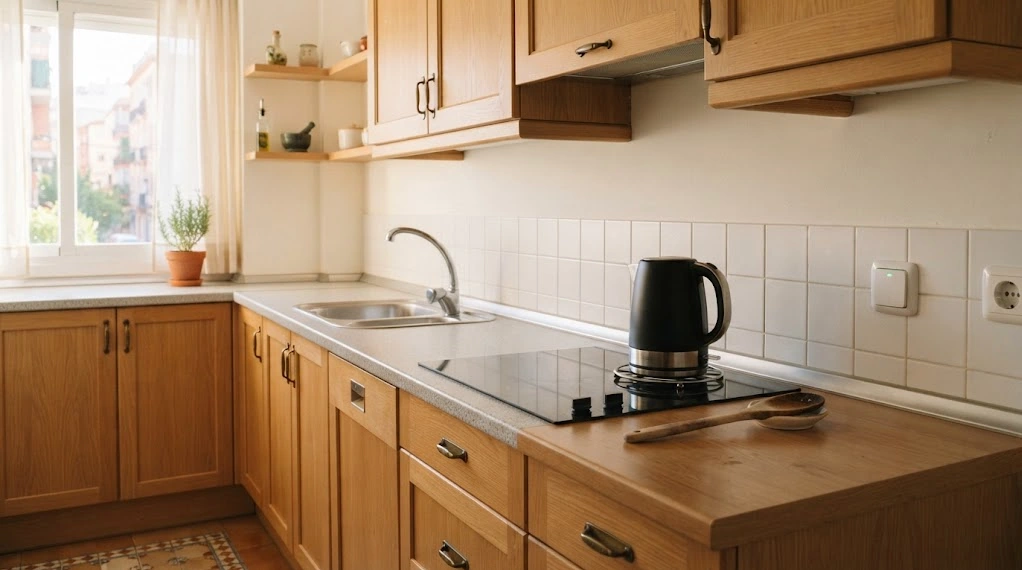 Cocina de un piso antiguo con placa vitrocerámica apagada y un pequeño interruptor junto a ella