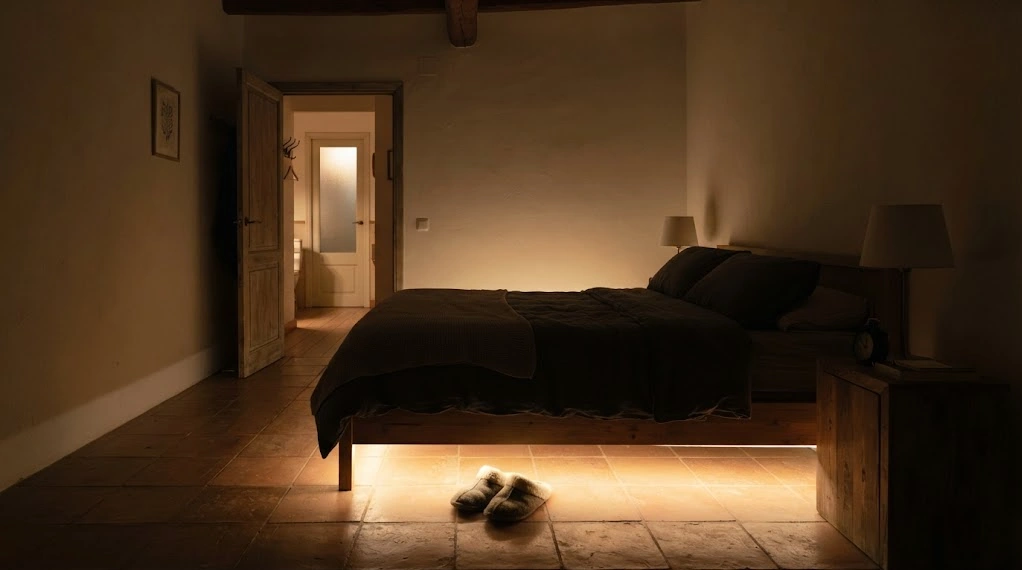 Dormitorio a oscuras con una luz suave bajo la cama que ilumina unas zapatillas