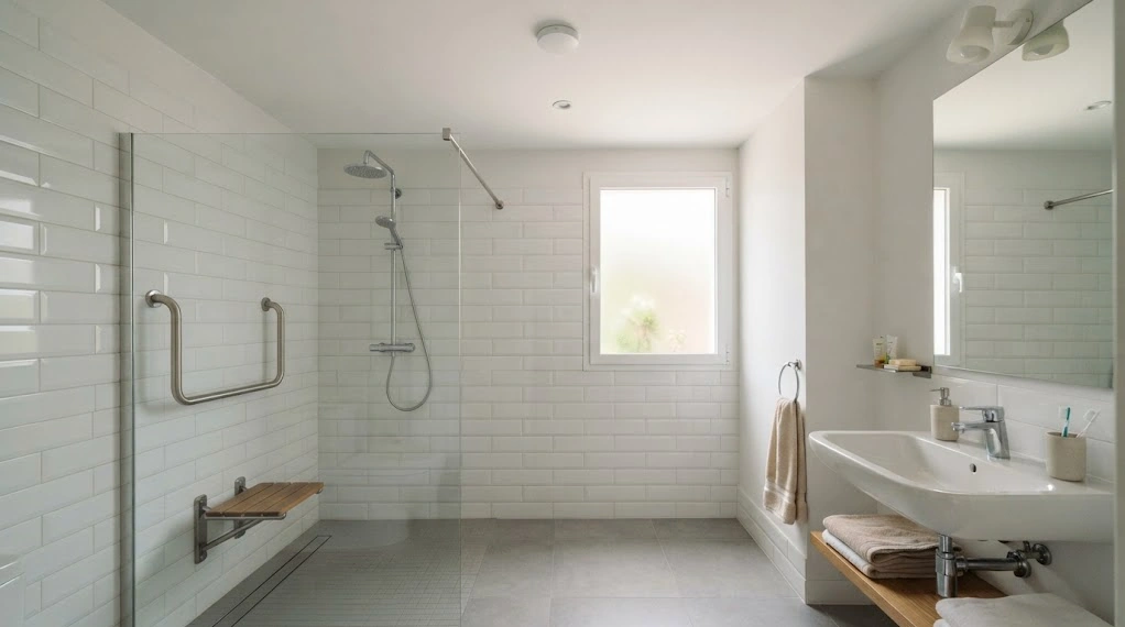 Baño adaptado con barra de apoyo y un pequeño sensor blanco en el techo