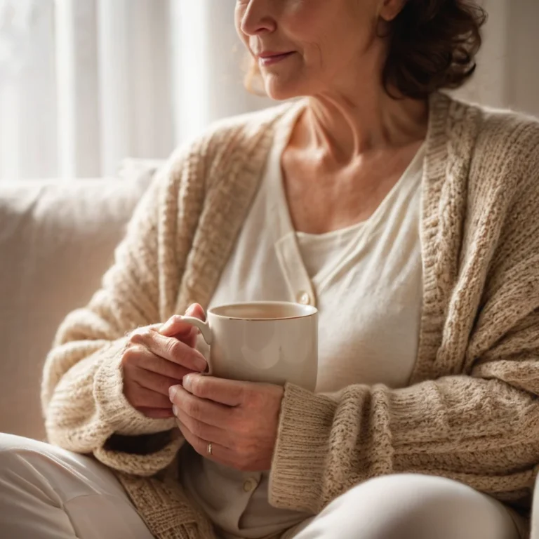 Manos de una mujer con una taza de té junto a la ventana y el móvil boca abajo: un rato de respiro para quien cuida a su madre o a su padre.